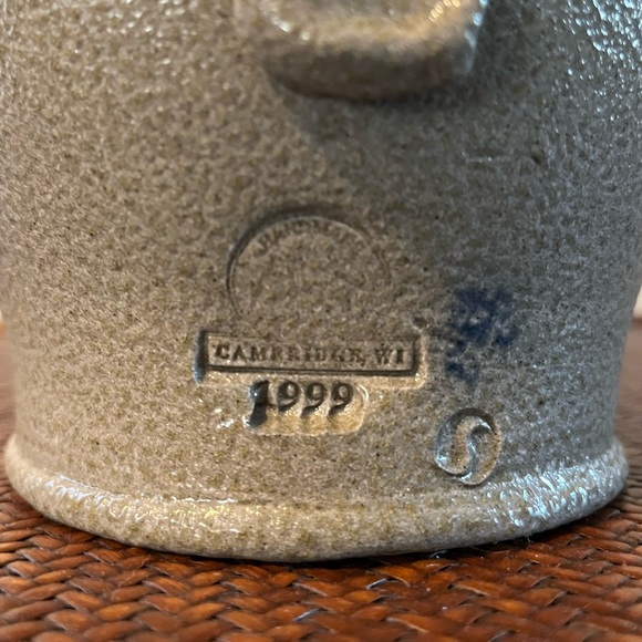 Vintage Salt Glazed Pitcher Rowe Pottery Works 1999 Blue Heart - Picture 5 of 7